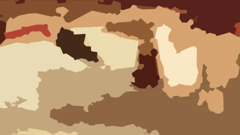 Abstrakte Komposition aus flachen, unregelmäßig geformten Flächen in Braun, Beige, Creme und einzelnen roten Streifen.