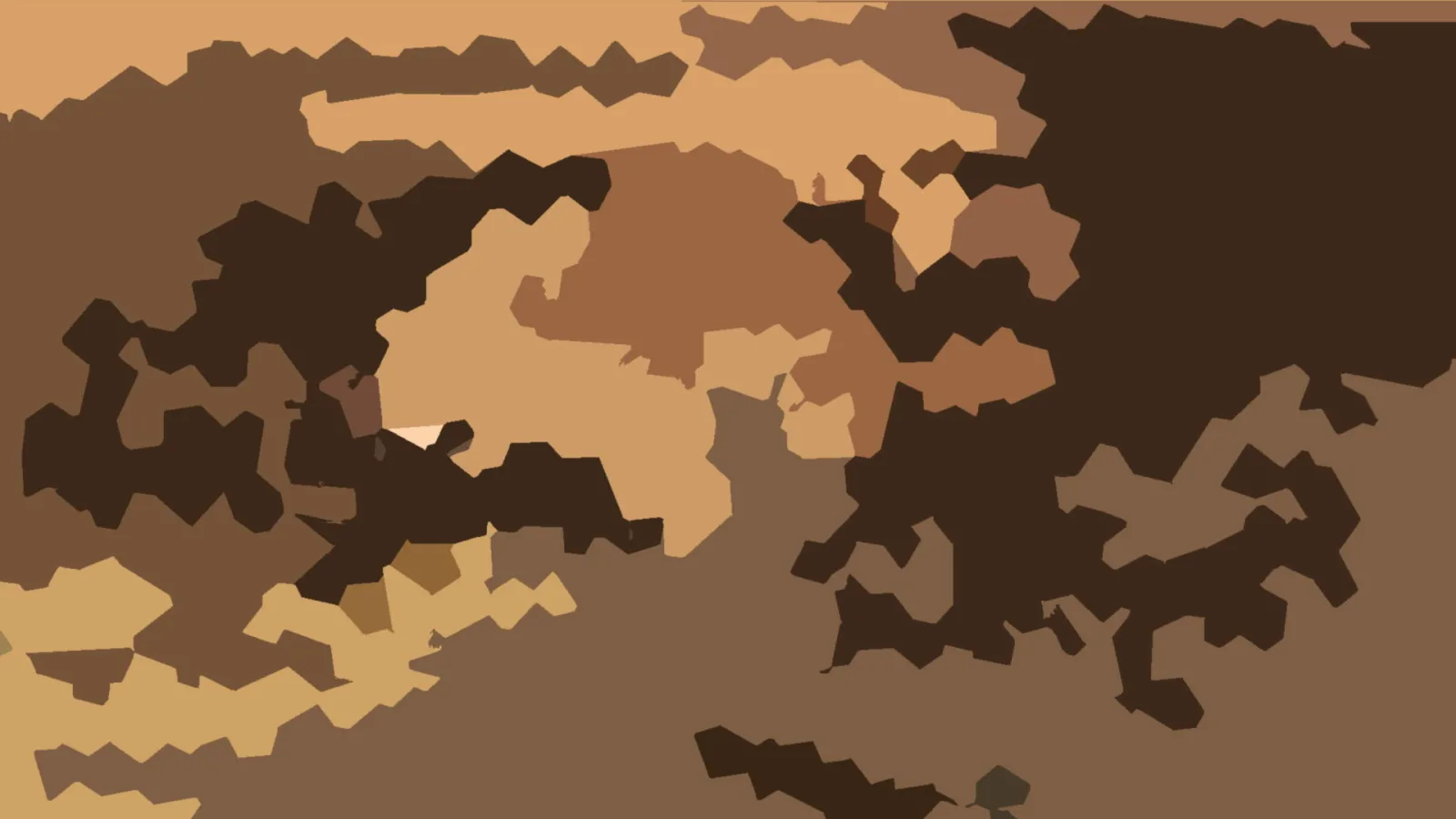 Abstraktes Bild aus unregelmäßigen, zackigen Flächen in Braun-, Beige- und Schwarztönen, die an ein Tarnmuster erinnern.