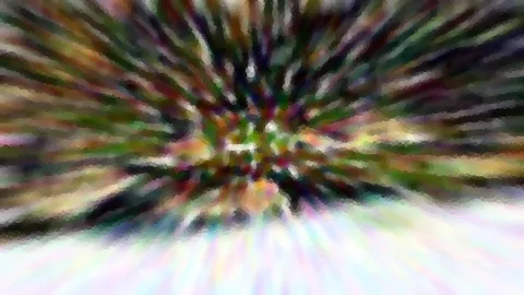 Abstrakte Komposition aus farbigen Streifen, die von einem dunklen Zentrum radial nach außen laufen, unten in helles Weiß und Pastell übergehend, mit mosaikartiger Körnung.