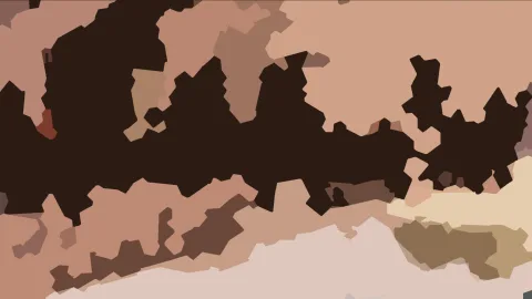 Abstrakte Komposition aus flachen, erdbraunen Formen mit einer großen dunklen Fläche in der Mitte und hellen Flächen am unteren Rand.