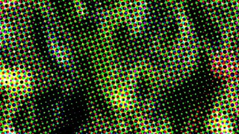 Dichtes Raster aus bunten Punkten auf schwarzem Grund, durchsetzt mit grünen und gelben Lichtflecken.