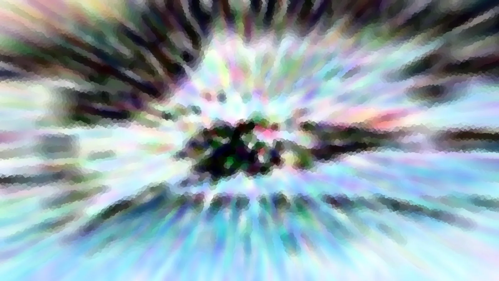 Abstrakte Komposition aus pastellfarbenen Streifen, die radial von einem dunklen, verwischten Zentrum nach außen laufen.