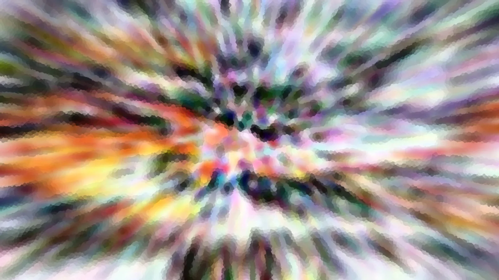 Abstraktes Bild mit radial von der Mitte nach außen laufenden Streifen in Orange, Grün, Violett und Weiß, leicht gepixelt.