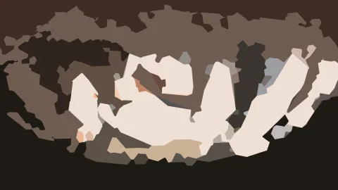 Abstrakte Komposition aus flachen, unregelmäßigen Formen in Braun, Beige, Creme und Dunkelgrau auf fast schwarzem Grund.