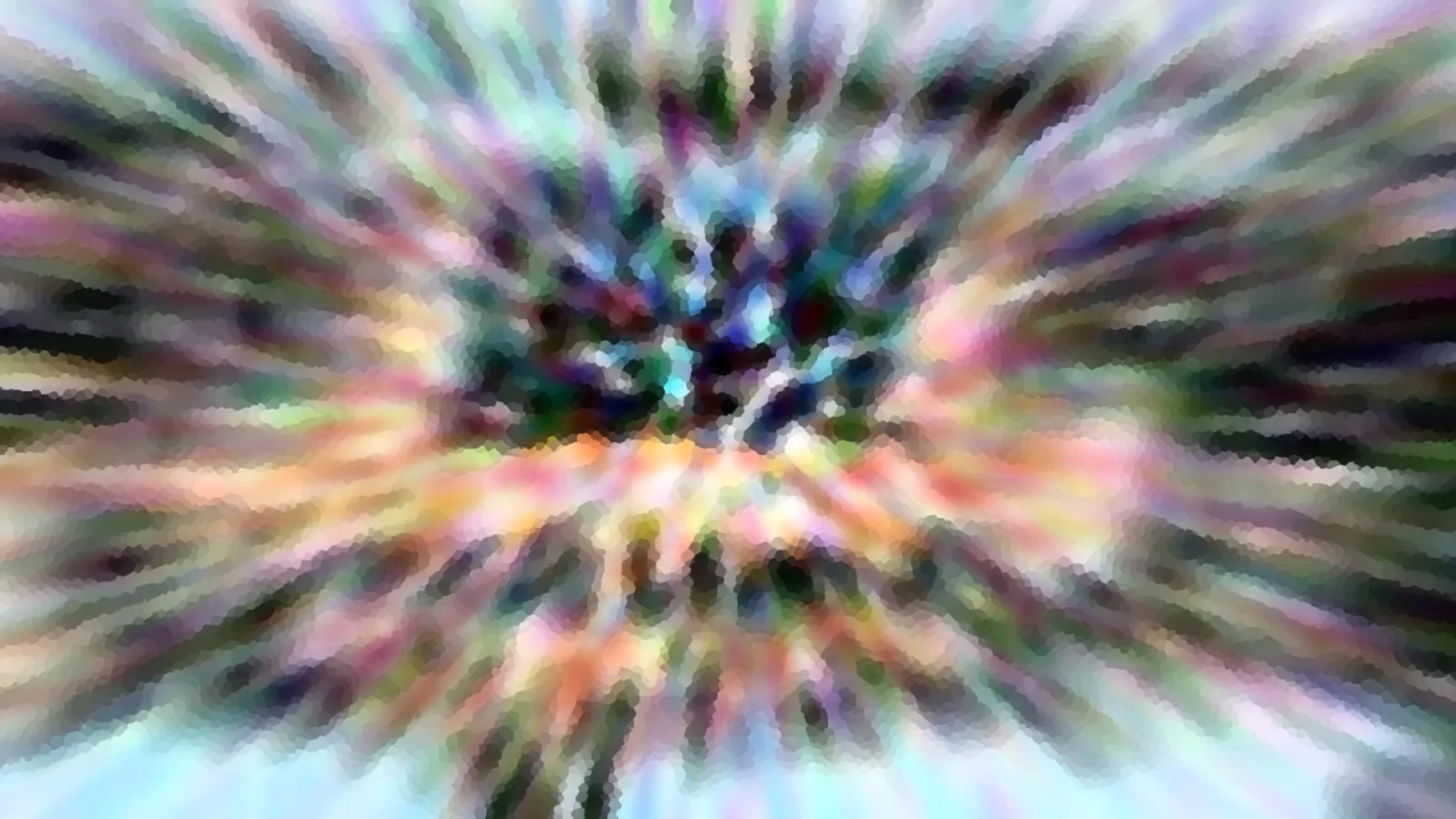Abstraktes Bild mit radialem Zoomeffekt: Bunte Farbstreifen laufen von einem dunklen, unscharfen Zentrum nach außen, durchsetzt mit mosaikartigen Pixelstrukturen.