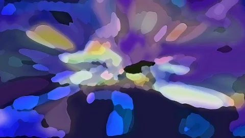 Abstraktes Gemälde mit weichen, unregelmäßigen Formen in Blau, Violett und Dunkelblau, helle gelbe und weiße Flecken in der Mitte, dunkle Fläche am unteren Bildrand.