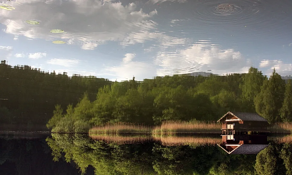 Kleines Holzhaus mit dunklem Dach am Ufer eines Sees, dahinter Wald und Wolkenhimmel, das Gebäude spiegelt sich im Wasser.