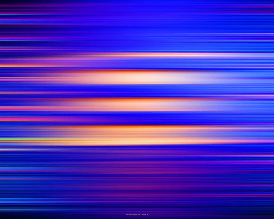 Abstrakte Komposition aus horizontalen Linien in Blau und Violett, durchzogen von drei leuchtenden orangefarbenen bis weißen Streifen.