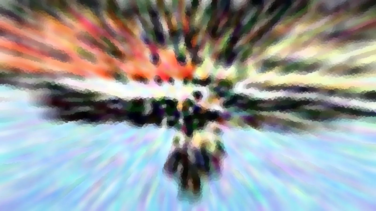 Abstrakte Komposition mit radial von der Mitte ausgehenden Farbstreifen in Orange, Grün und Hellblau, mosaikartig pixelig, im Zentrum eine dunkle, verschwommene Figur.