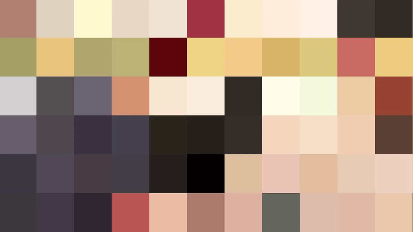 Pixelmosaik aus farbigen Quadraten in Hauttönen, Beige, Dunkelbraun und Schwarz, das ein Porträt andeutet.
