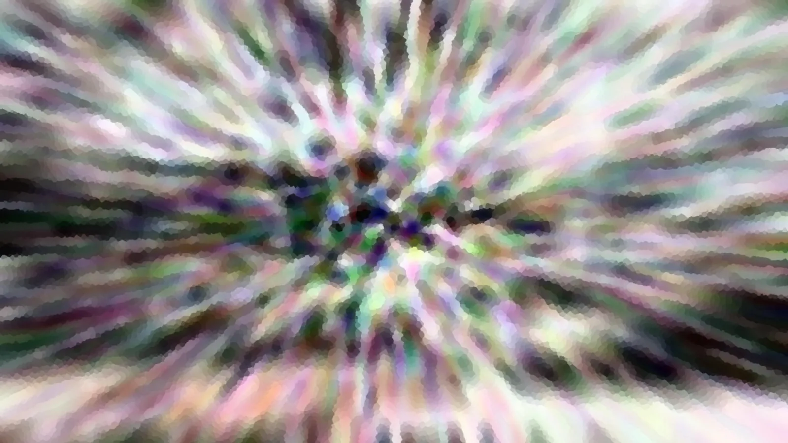 Abstrakte Komposition aus bunten Farbstrahlen, die von einem dunklen Zentrum nach außen laufen, mosaikartig gepixelt