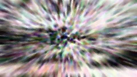 Abstrakte Komposition aus bunten Farbstrahlen, die von einem dunklen Zentrum nach außen laufen, mosaikartig gepixelt