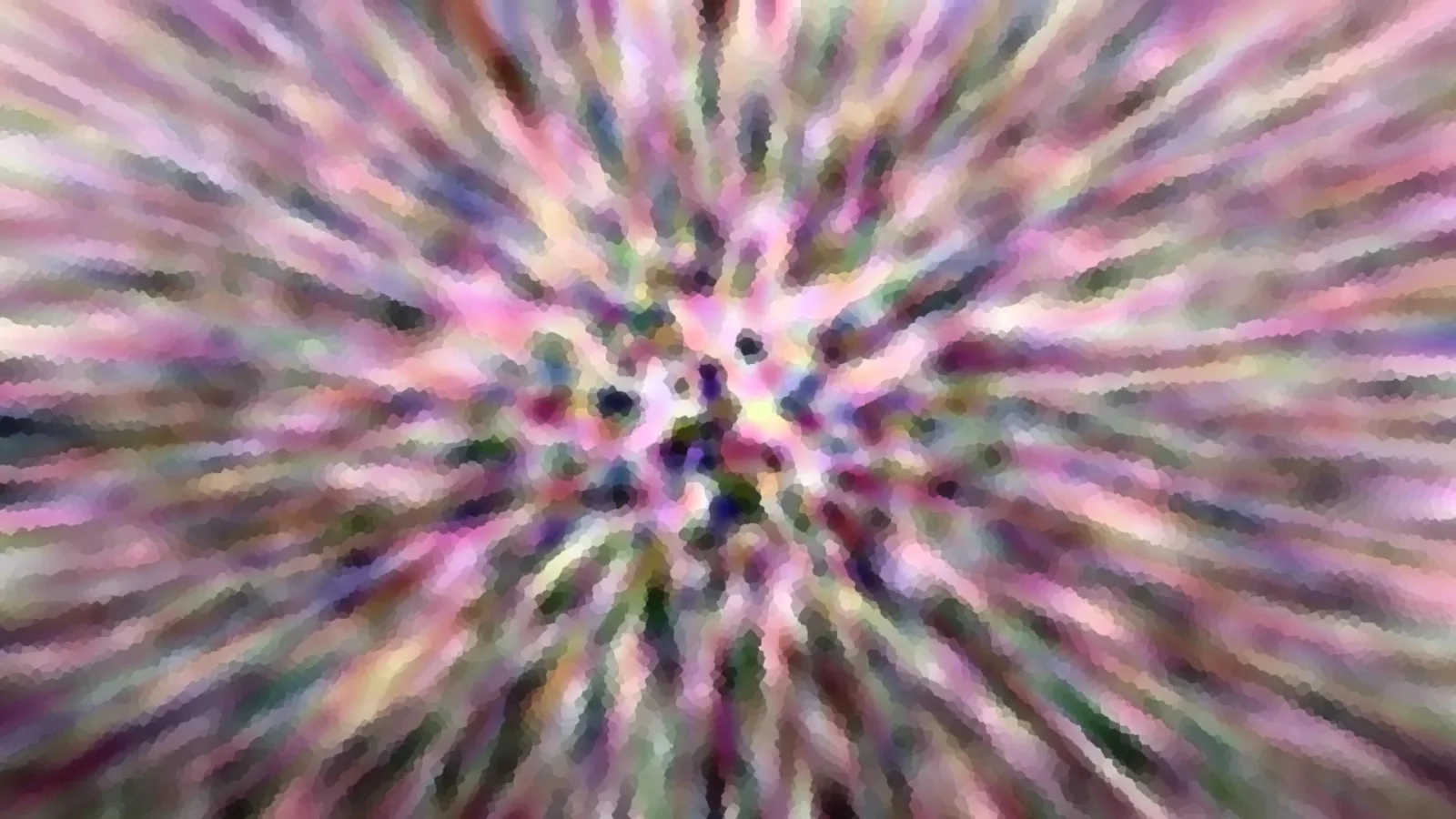 Abstraktes Bild mit radial von der Mitte nach außen laufenden Streifen in Pink, Violett, Grün und Weiß, mosaikartig verpixelt.