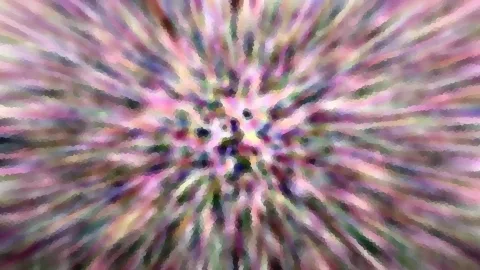 Abstraktes Bild mit radial von der Mitte nach außen laufenden Streifen in Pink, Violett, Grün und Weiß, mosaikartig verpixelt.