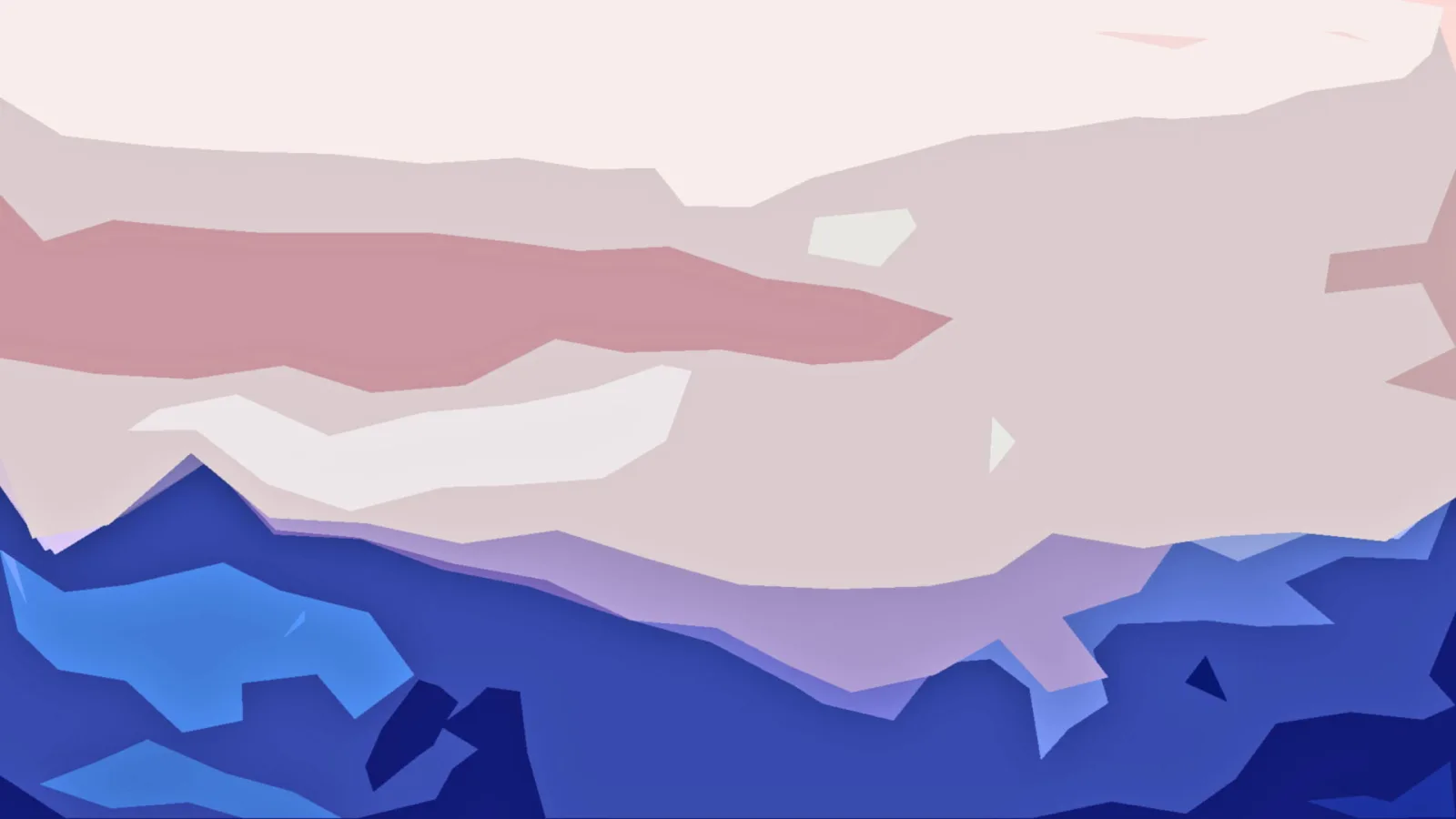 Abstrakte Komposition aus flachen, unregelmäßigen Formen: oben helles Rosa und Creme, darunter dunkleres Rosa und weiße Streifen, unten Blau- und Violetttöne.