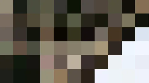Grob gepixeltes Mosaik aus dunklen, braunen und hellen Farbfeldern in einem Raster von elf mal sechs Blöcken.
