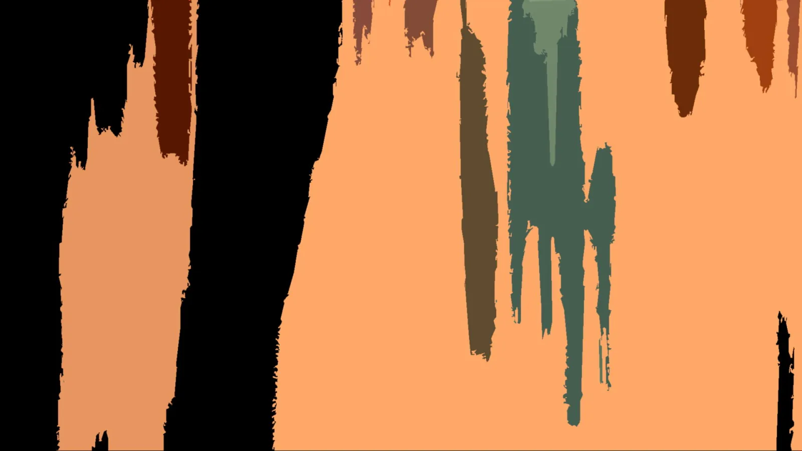 Abstrakte Malerei mit senkrechten, herablaufenden Farbstreifen in Orange, Schwarz, Braun und Petrol auf hellem Orangegrund.