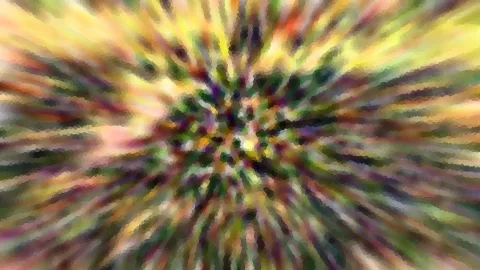 Abstrakte Komposition aus bunten Farbstreifen, die von einem zentralen Punkt nach außen laufen, mit gelben, grünen, violetten und roten Tönen.