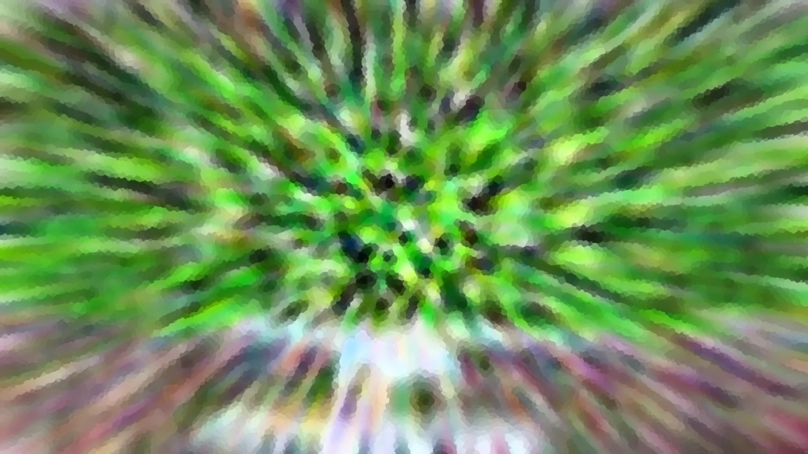 Abstraktes Bild mit grünen, weißen und violetten Streifen, die von einem dunklen Zentrum radial nach außen verlaufen, als wäre die Kamera während der Aufnahme nach vorn gezogen worden.