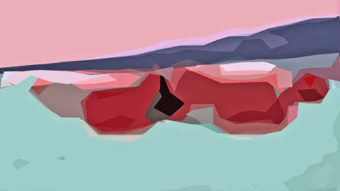 Abstrakte Komposition aus roten und dunkelbraunen Polygonflächen auf einem türkisfarbenen Untergrund, darüber ein dunkelblaues Band und rosa Himmel.