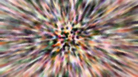 Abstrakte Komposition aus bunten Farbstreifen, die von einer dunklen Mitte radial nach außen strahlen, mit mosaikartiger Pixelstruktur.