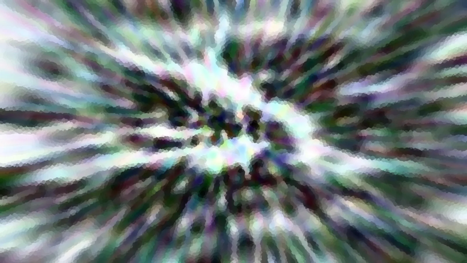 Abstrakte Komposition aus Streifen, die von der Mitte radial nach außen laufen, in Grün, Violett und Weiß, mit grobem Mosaikeffekt.