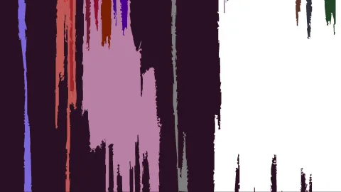 Abstrakte Komposition aus senkrechten Farbschlieren in Violett, Rosa, Lachs, Grau und Grün auf dunklem Grund mit einer großen weißen Fläche rechts.