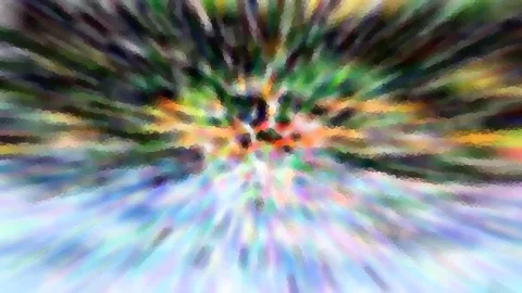 Abstraktes Bild mit farbigen Streifen, die von einem dunklen Zentrum in der Mitte radial nach außen laufen, oben grün, orange und dunkel, unten hell türkis, blau und lila.