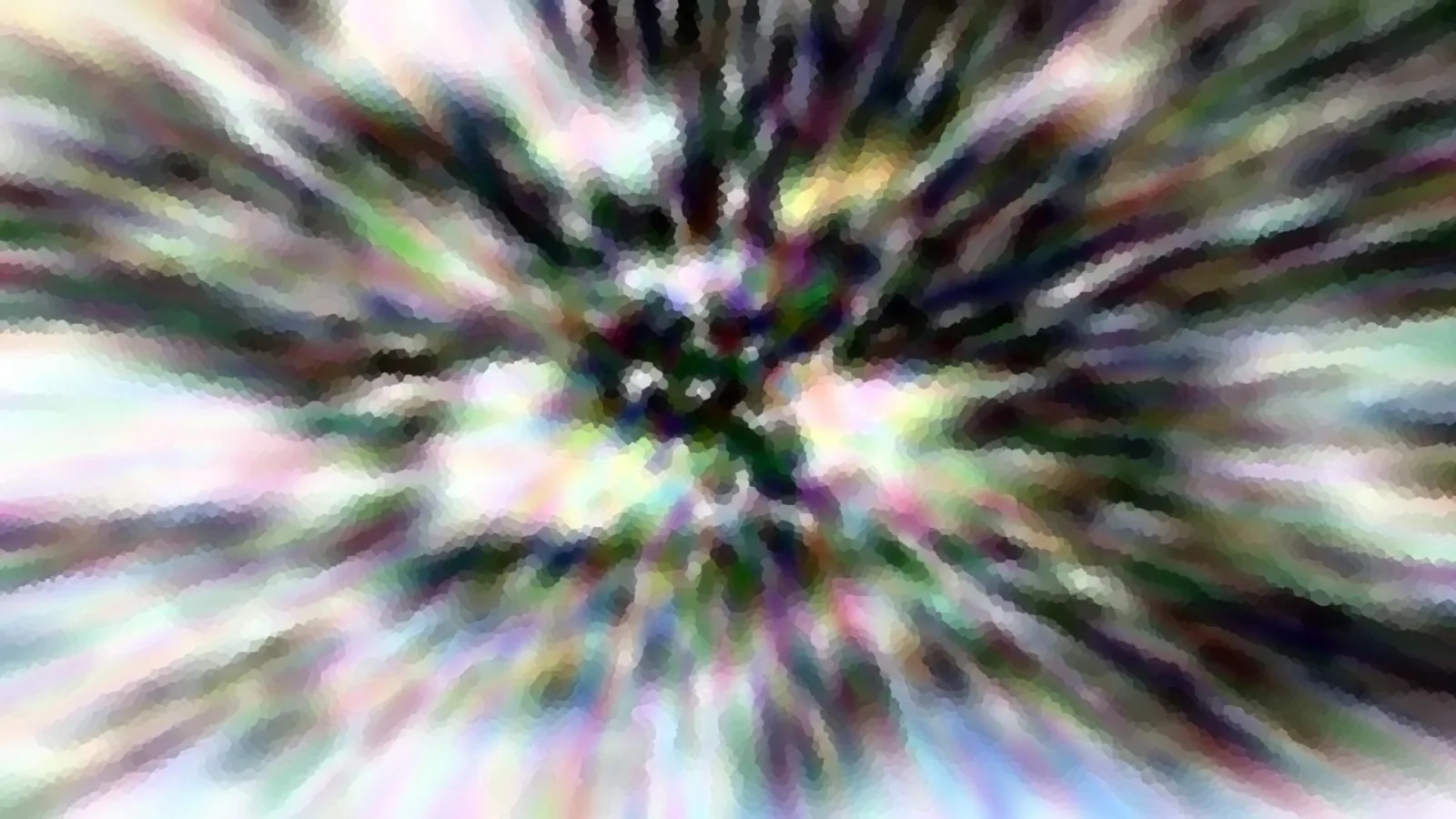 Abstraktes Bild mit radialem Zoomeffekt: helle Farbstreifen in Grün, Violett und Weiß strahlen von einem dunklen Zentrum nach außen, die Kanten wirken pixelig.