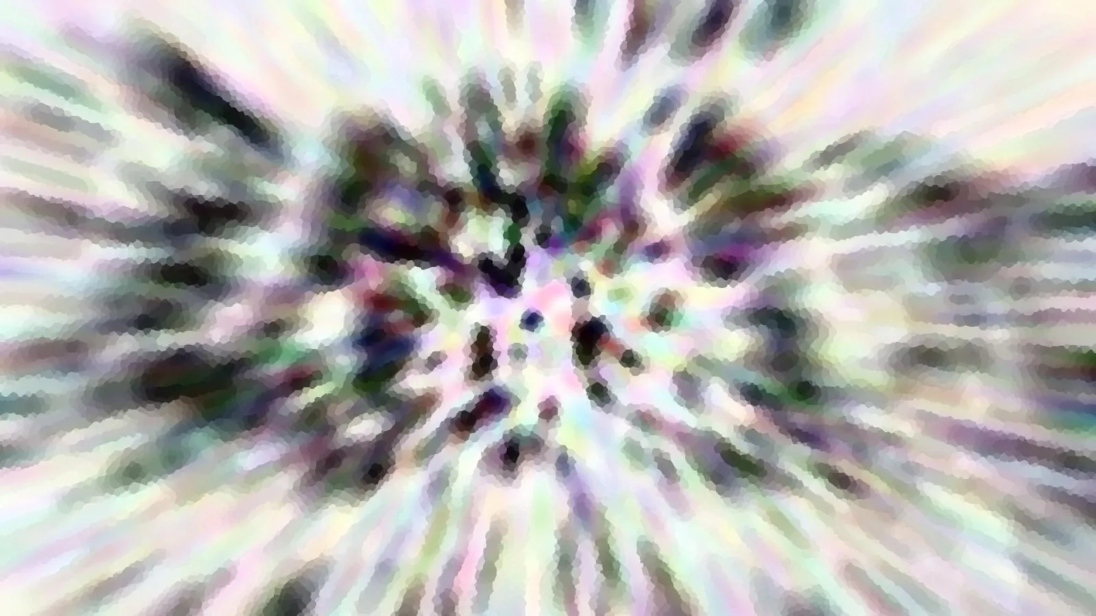Abstraktes Bild mit radialen, pastellfarbenen Streifen, die von der Mitte nach außen laufen, dazwischen dunkle Flecken.