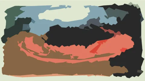 Abstrakte Komposition aus flachen, unregelmäßigen Farbflächen: oben blassblaue Fläche mit hellem Feld, darunter schwarze und braune Formen sowie ein korallenfarbenes Band.