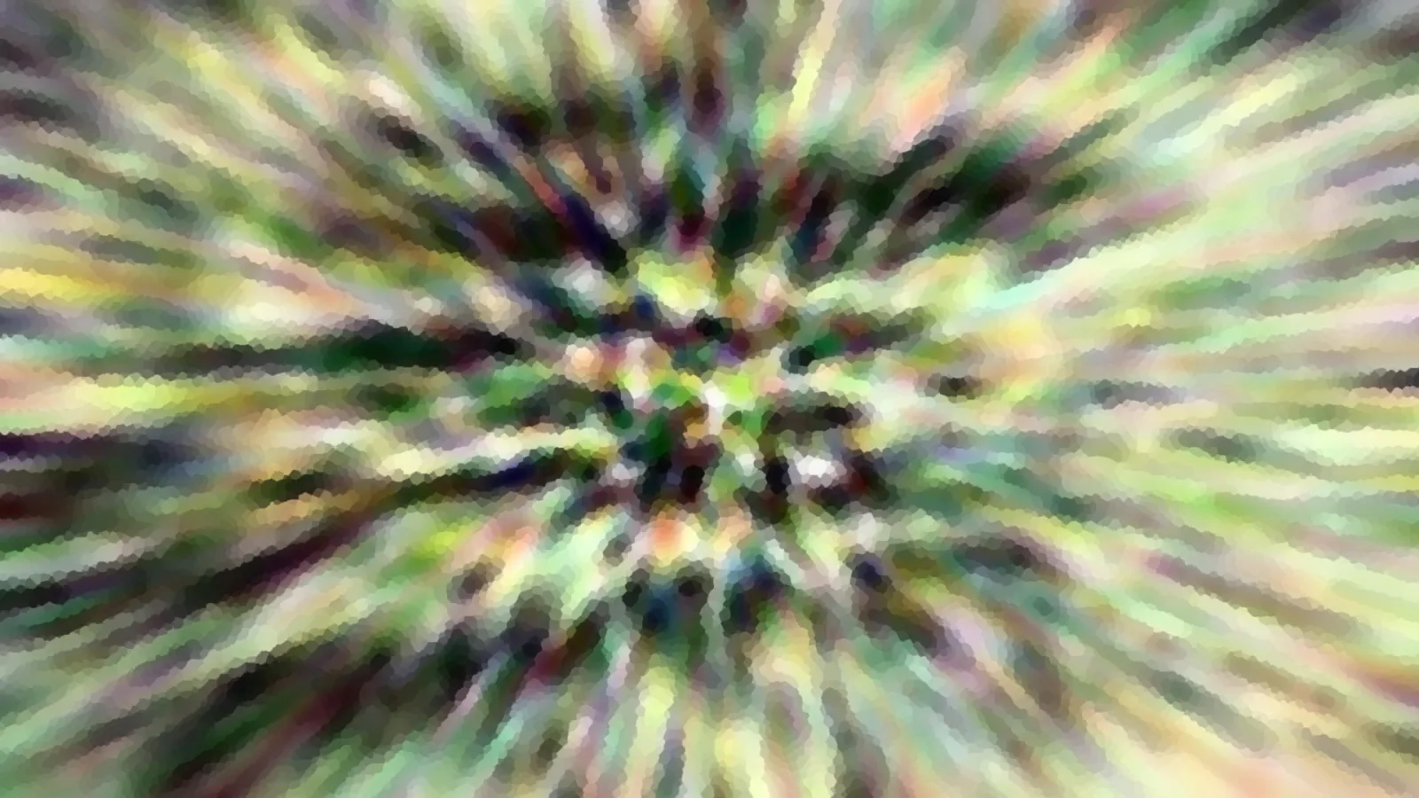 Abstrakte Komposition aus radial von der Mitte nach außen laufenden Streifen in Grün, Gelb, Weiß und Violett, mosaikartig verpixelt.
