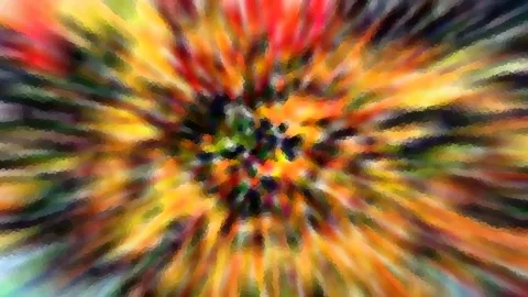 Abstrakte Komposition aus radial verlaufenden, bunten Farbstreifen in Rot, Gelb, Orange und Grün mit dunklem Zentrum.