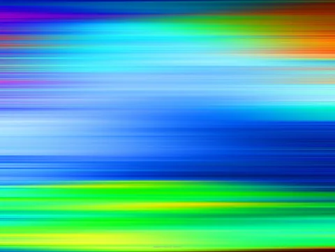 Abstrakte waagerechte Streifen in Blau, Türkis, Grün, Gelb, Violett und Orange, die wie bewegtes Licht verlaufen.