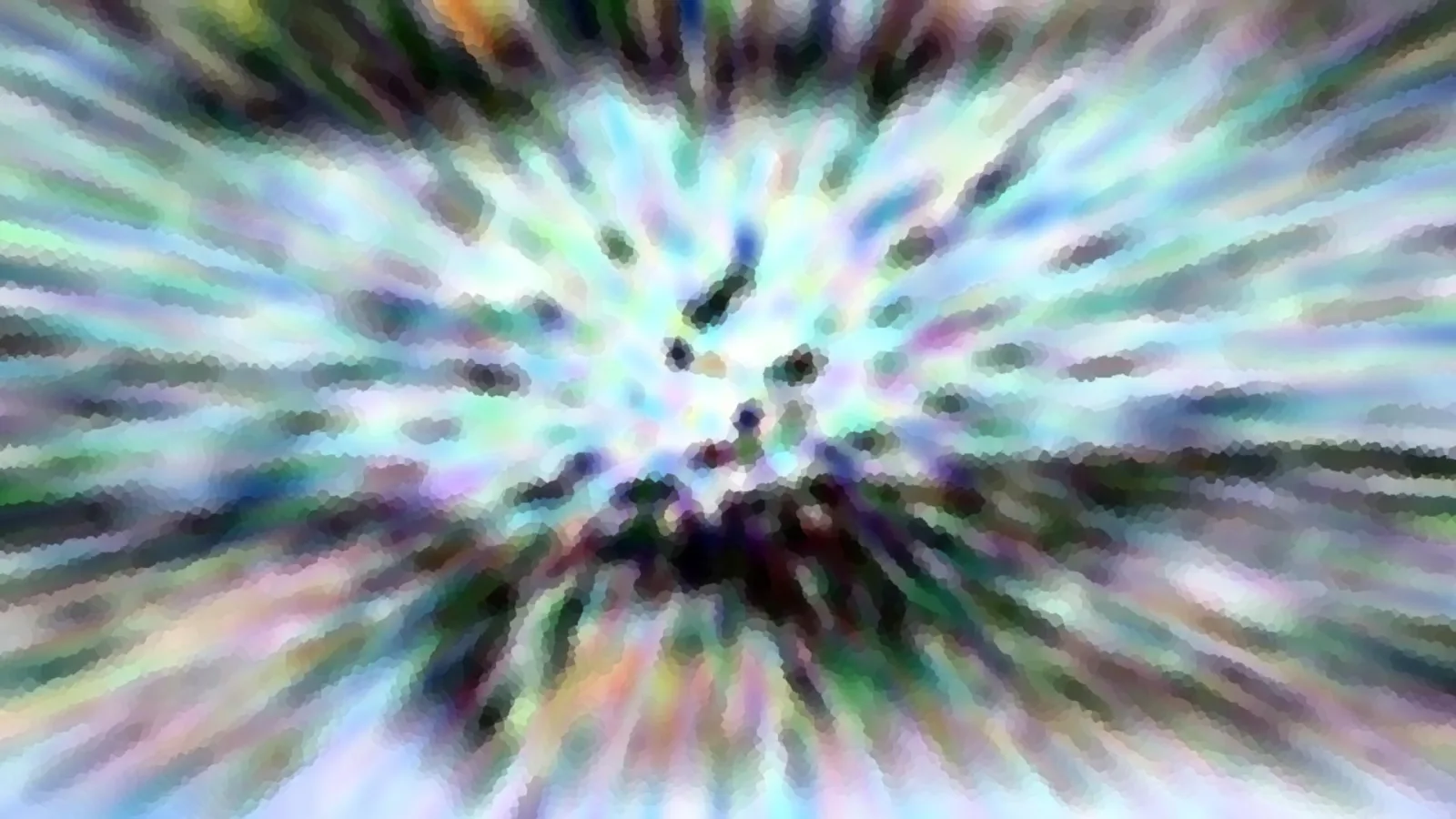 Abstrakte Komposition mit radial von der Mitte nach außen laufenden, verschwommenen Streifen in Pastellfarben wie Mint, Lila und Hellblau, im Zentrum etwas dunklere Flecken.