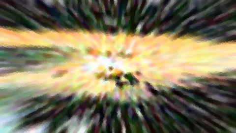 Abstrakte Komposition mit radialem Zoomeffekt: helles Gelb und Weiß leuchten in der Mitte, von dunklen grünen und violetten Streifen umrahmt, das Bild wirkt pixelig.