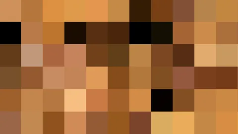 Mosaik aus quadratischen Pixelfeldern in Braun-, Orange- und Gelbtönen, dunkle Blöcke vor allem in der oberen Hälfte