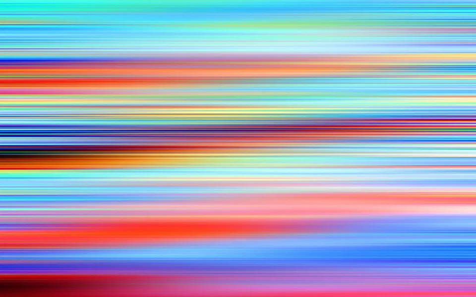 Abstrakte Komposition aus horizontalen, unscharf verlaufenden Streifen in Blau, Rot, Orange, Gelb und Pink