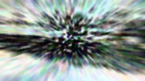 Abstrakte Komposition aus radial nach außen verlaufenden, verwischten Streifen in Grün, Weiß und Violett mit einem dunklen Zentrum.