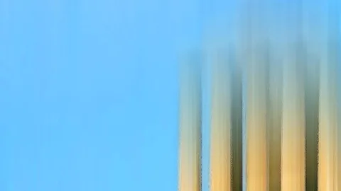 Rechts verwischte, vertikale Streifen in Gelb, Beige und Dunkelgrün vor einem klaren blauen Himmel, links nur einfarbige Fläche.