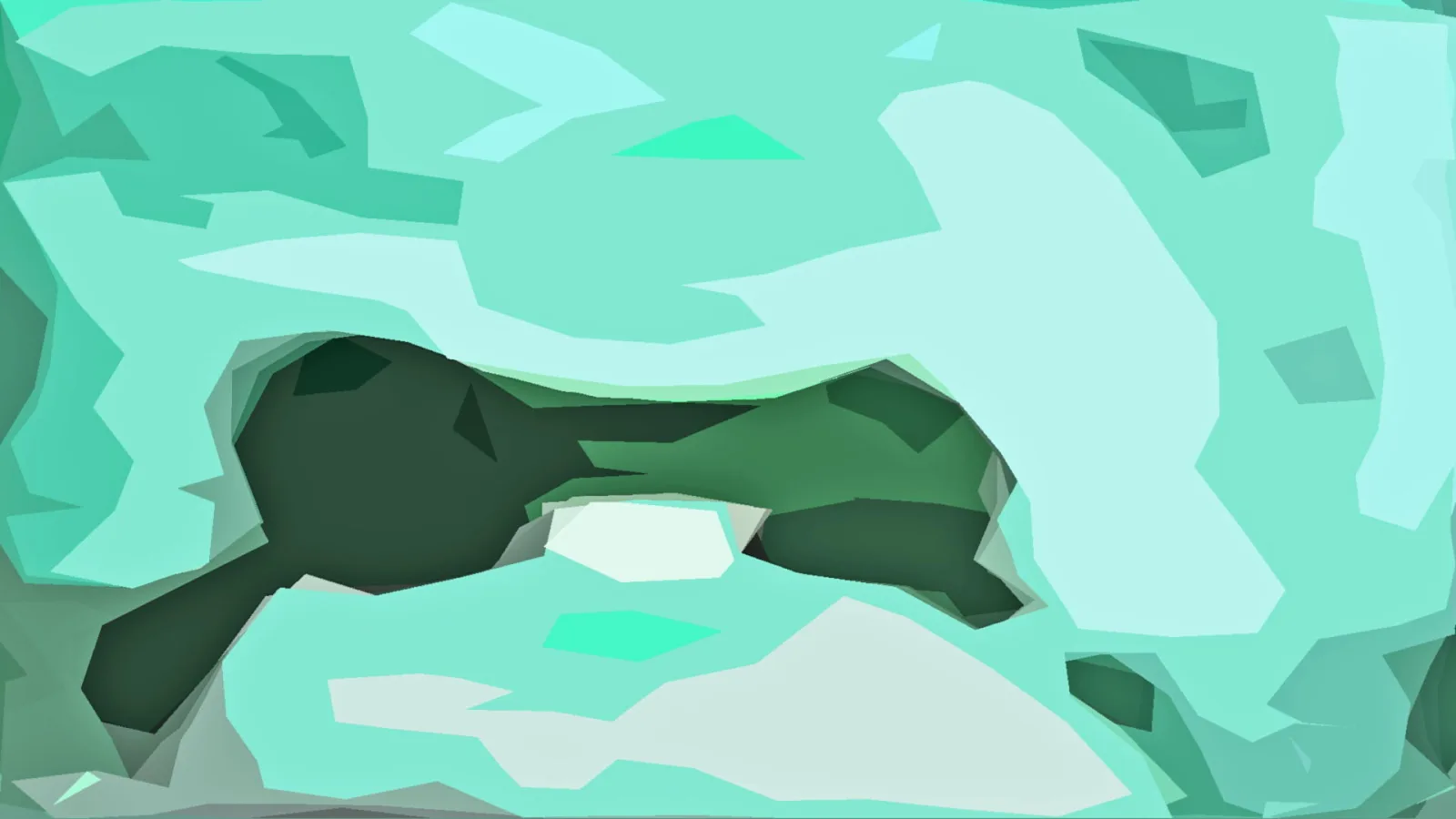 Abstrakte Low-Poly-Fläche in Mintgrün und Grün mit einer dunklen, höhlenartigen Öffnung in der Mitte.
