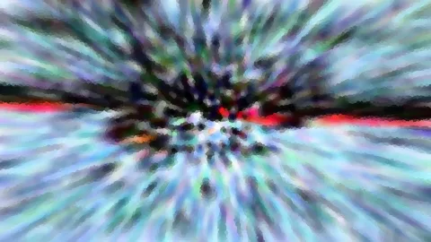 Abstraktes Bild mit radial verlaufenden Streifen in Türkis, Violett und Rot, die von einem dunklen Zentrum ausgehen.