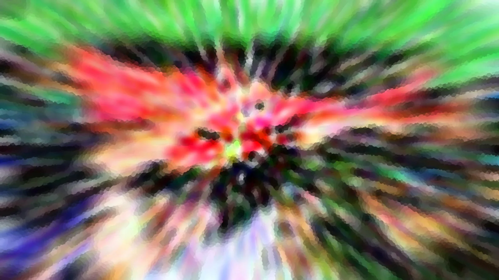 Abstrakte Komposition aus radial verwischten Farbstrahlen, im Zentrum leuchtend rot und gelb, außen grün, blau und dunkle Töne.