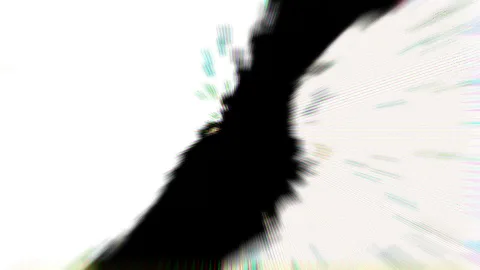 Abstrakte Komposition aus einer schwarzen, diagonal verlaufenden Form auf hellem Grund, umgeben von radialen Schlieren mit farbigen Rändern.