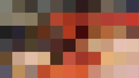 Pixelmosaik aus rechteckigen Farbblöcken in Rot, Braun, Beige, Rosa und Dunkelgrau, in mehreren Reihen angeordnet.