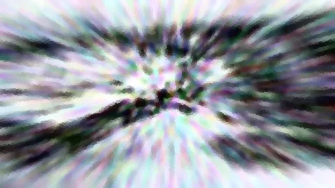 Abstrakte Komposition aus radial auseinanderlaufenden Schlieren in Pastellfarben mit dunklen Flecken im Zentrum.