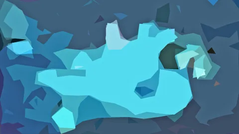 Abstrakte Komposition aus türkisfarbenen und blauen kantigen Flächen mit scharfen Kanten auf dunkelgrauem Grund.