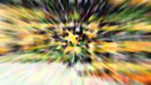 Abstrakte Komposition aus gelben, grünen und orangefarbenen Streifen, die radial von einem dunklen Zentrum nach außen laufen, mosaikartig pixelig.