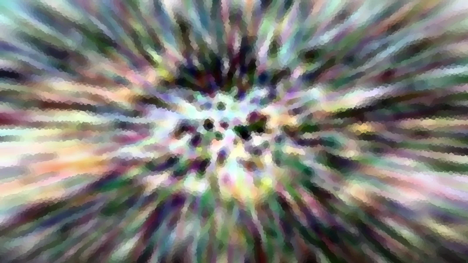 Abstraktes Bild mit bunten Streifen, die radial von einem dunklen Punktmuster in der Mitte nach außen laufen.