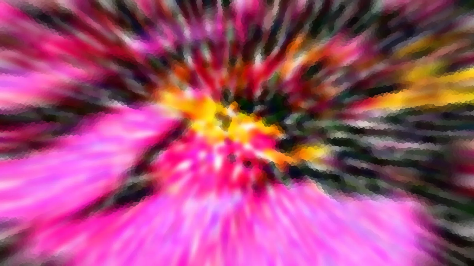 Abstraktes Bild mit radialen Farbstreifen in Pink, Magenta, Gelb und Dunkelgrün, die von einem gelben Zentrum nach außen laufen, mosaikartig verpixelt.